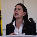 (FILES) Venezuelan opposition ex-congresswoman Maria Corina Machado delivers a press conference in Caracas on June 29, 2018. The pre-candidate for the presidential elections scheduled for 2024 in Venezuela, Maria Corina Machado, of the most radical wing of the opposition, was disqualified from holding public office for 15 years, according to a document from the pro-government Comptroller General's Office released on June 30, 2023. (Photo by Federico PARRA / AFP)
