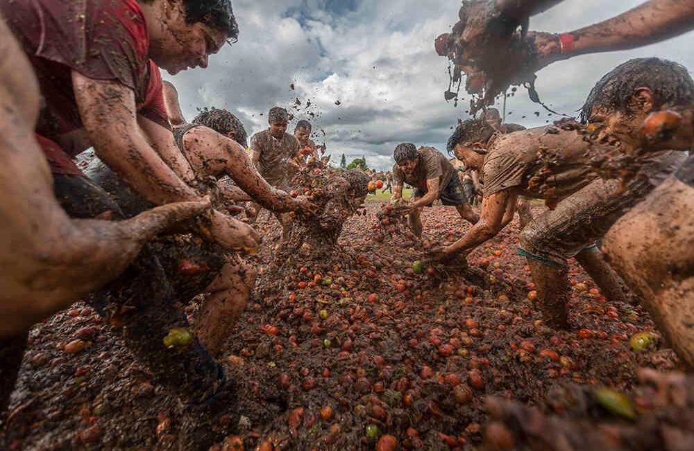 La tomatina atrae  a visitantes nacionales y extranjeros . Unas 2000 personas participaron de "la guerra de tomate "