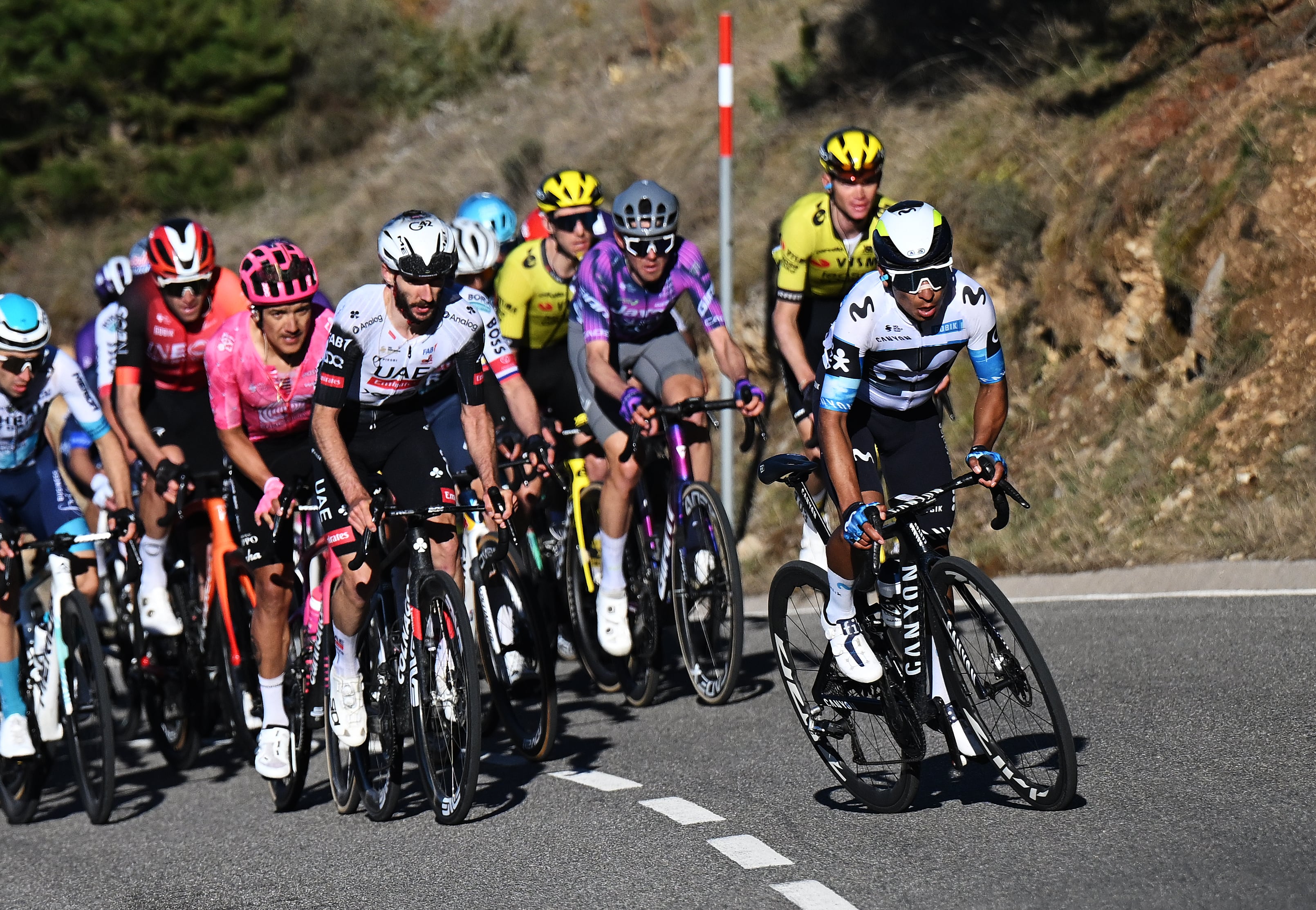 LA MOLINA, SPAIN - MARCH 26: Nairo Quintana of Colombia and Movistar Team competes during the 104th Volta Ciclista a Catalunya 2025, Stage 3 a 218.6km stage from Viladecans The Style Outlets to La Molina 1692m / #UCIWT / on March 26, 2025 in La Molina, Spain. (Photo by Szymon Gruchalski/Getty Images)