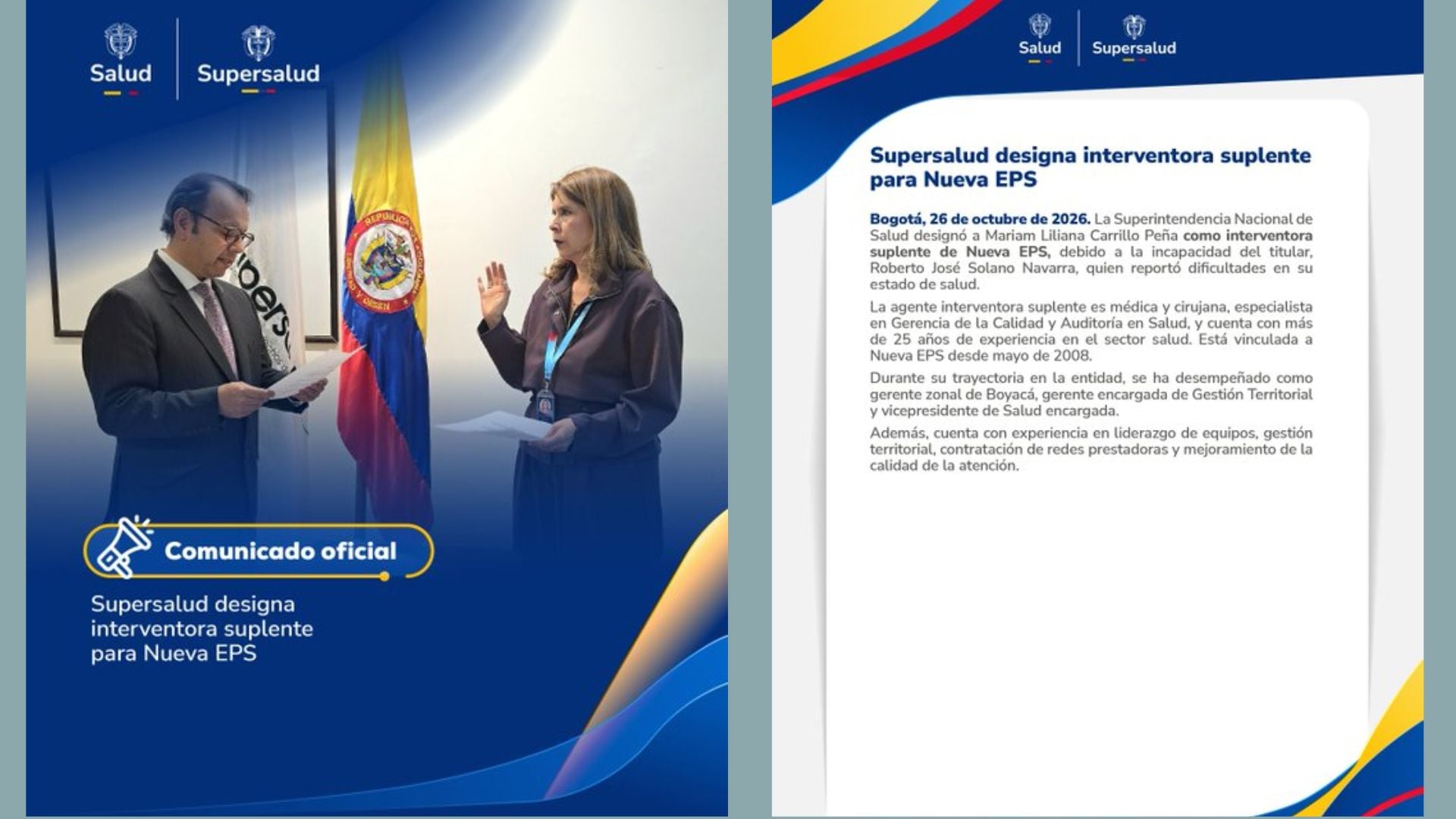 Supersalud designó a Mariam Liliana Carrillo Peña como interventora suplente dela Nueva EPS.