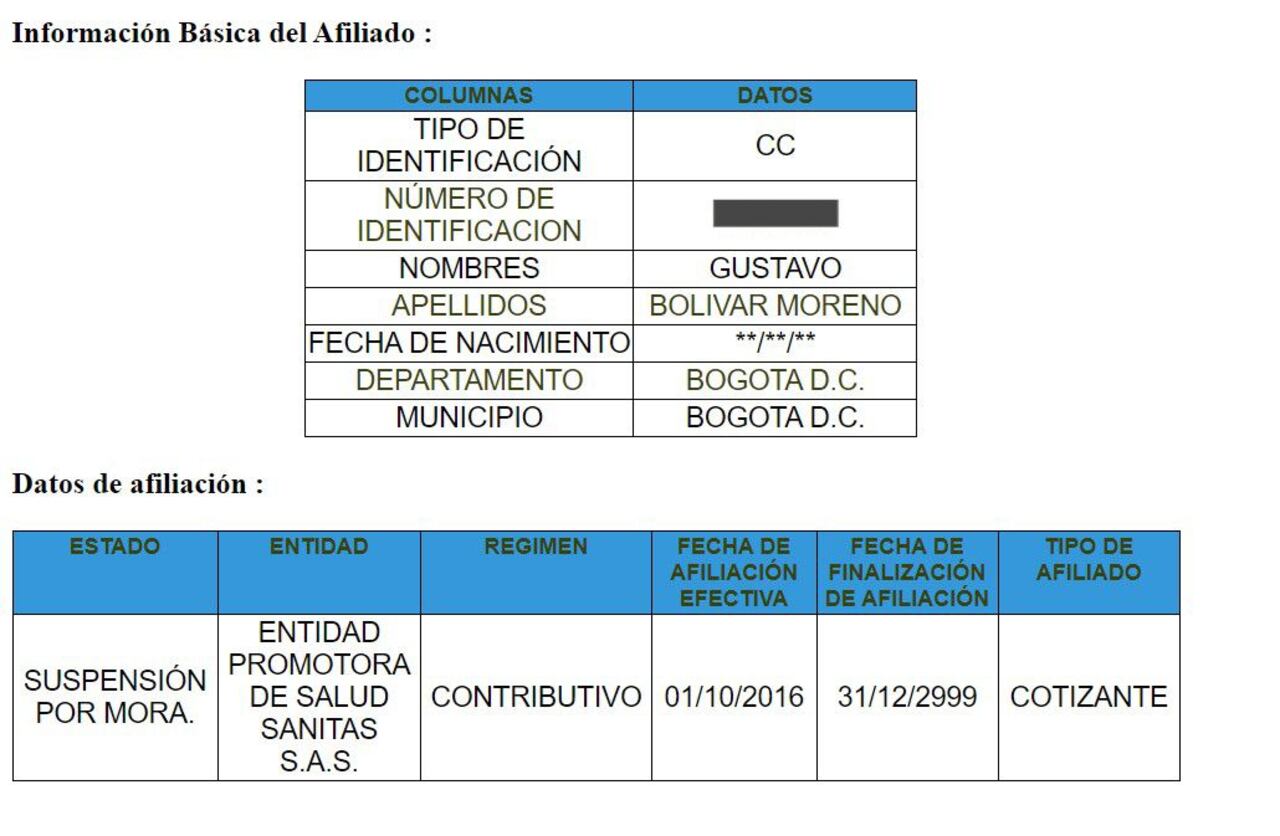 Información de afiliación a EPS de Gustavo Bolívar.
