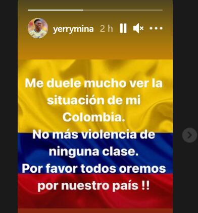 Yerry Mina se pronunció sobre la situación que vive Colombia. Foto: Captura de pantalla historia - Instagram Yerry Mina