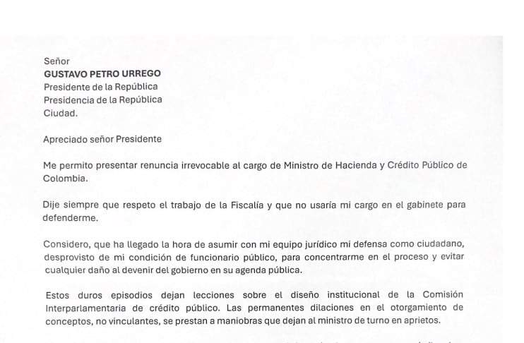 Carta de renuncia del ministro de Hacienda, Ricardo Bonilla