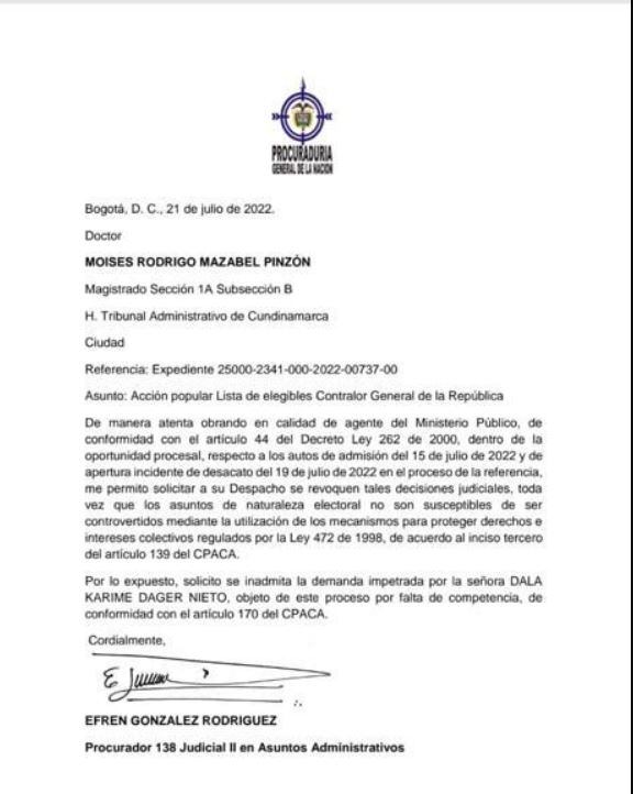 Procuraduría pide rechazar demanda contra la última lista de elegibles al cargo de Contralor General.