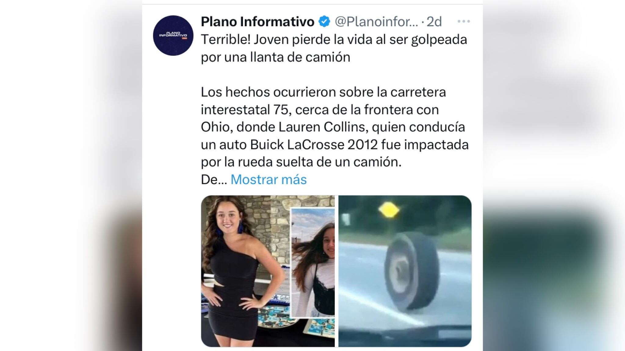 De acuerdo con las primeras investigaciones, la llanta rebotó sobre la valla de protección de concreto y después se impactó contra el parabrisas de la estudiante universitaria de 18 años.