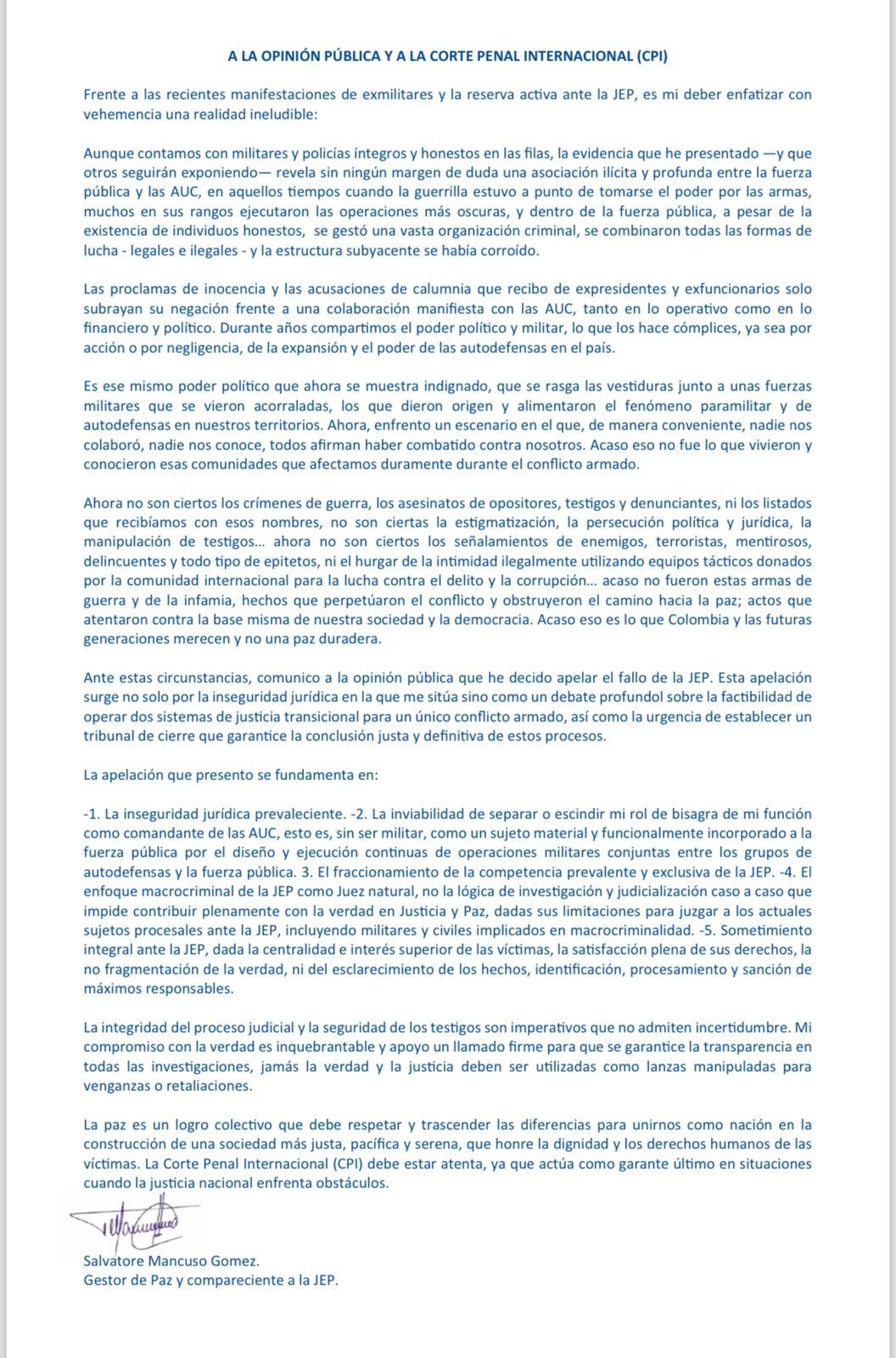 Salvatore Mancuso reapareció con una carta que pide que todos sus procesos pasen a la JEP.