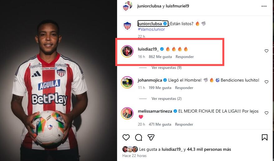 Reacción de Luis Díaz a la llegada de Luis Muriel a Junior.