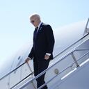 President Joe Biden steps off Air Force One as he arrives at John Murtha Johnstown-Cambria County Airport in Johnstown, Pa., to attend a ceremony marking the anniversary of the Sept. 11 terror attacks at the Flight 93 National Memorial, Wednesday, Sept. 11, 2024, in Shanksville, Pa. (AP Photo/Evan Vucci)