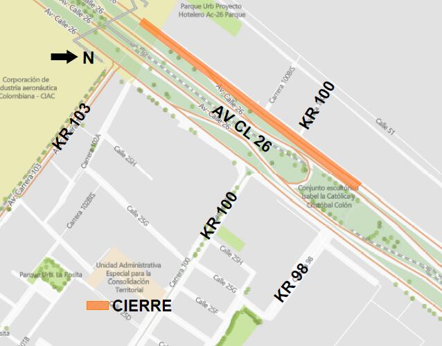 cierre de un carril de la Av. Calle 26 entre carreras 98 y 103