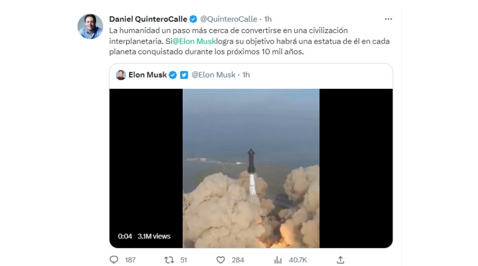 Trino de Daniel Quintero sobre lanzamiento de cohete de Elon Musk.