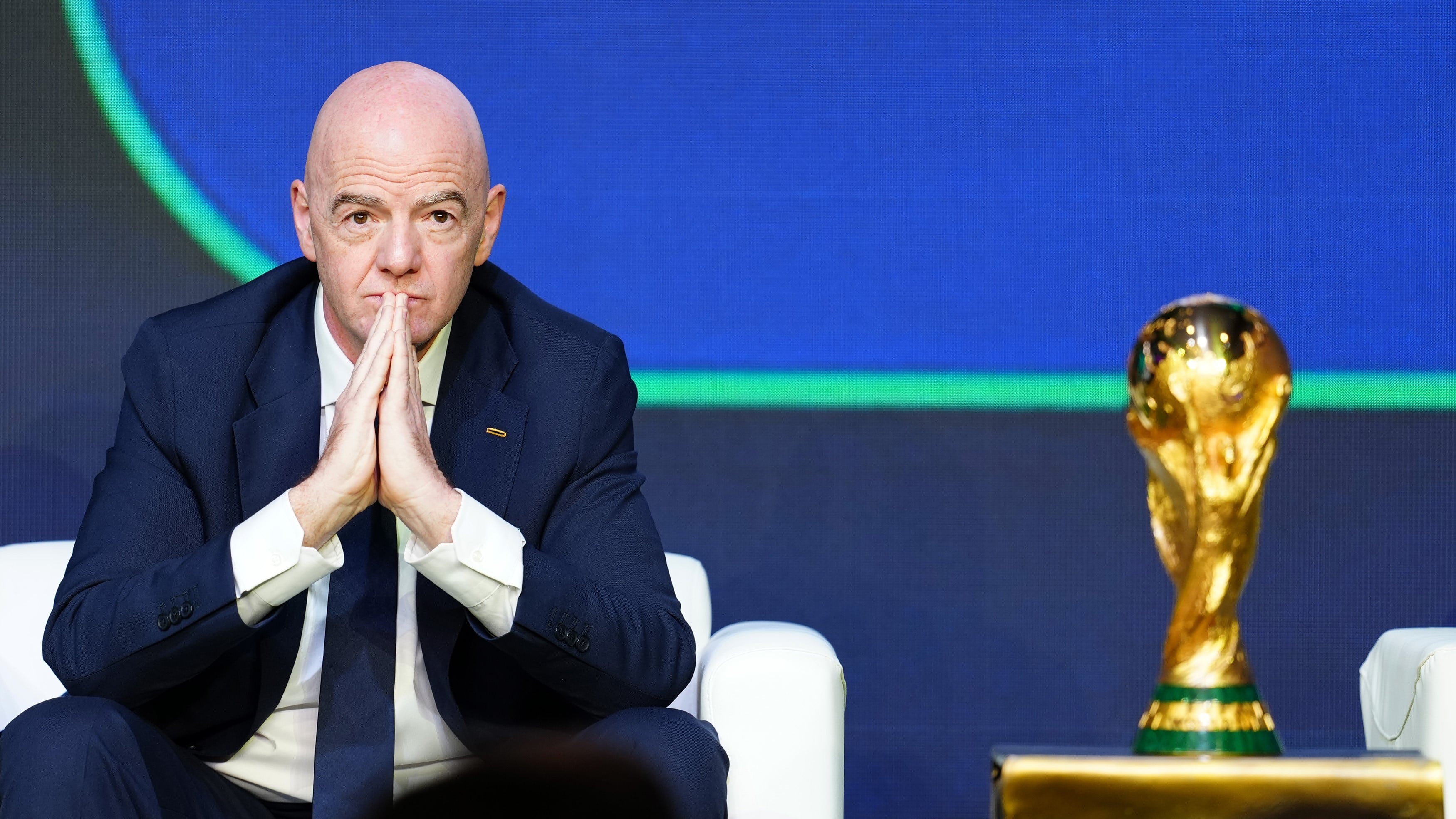 FIFA President Gianni Infantino reacts during the unveiling of the match schedule for the FIFA  World Cup 2026 in Washington, D.C., the United States, on Dec. 6, 2025. (Photo by Jia Haocheng/Xinhua via Getty Images)