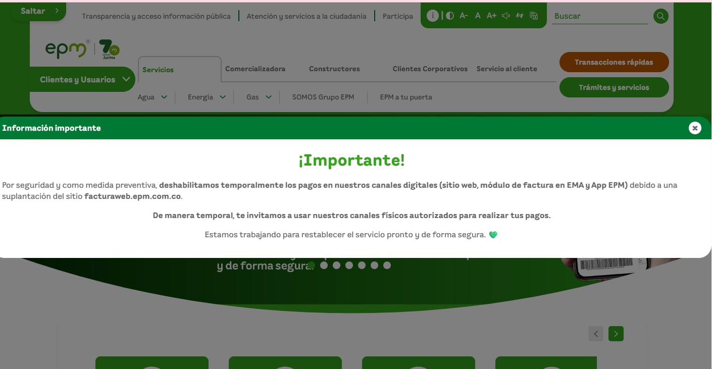 Esta advertencia es lo primero que se ve al entrar a la página de EPM.