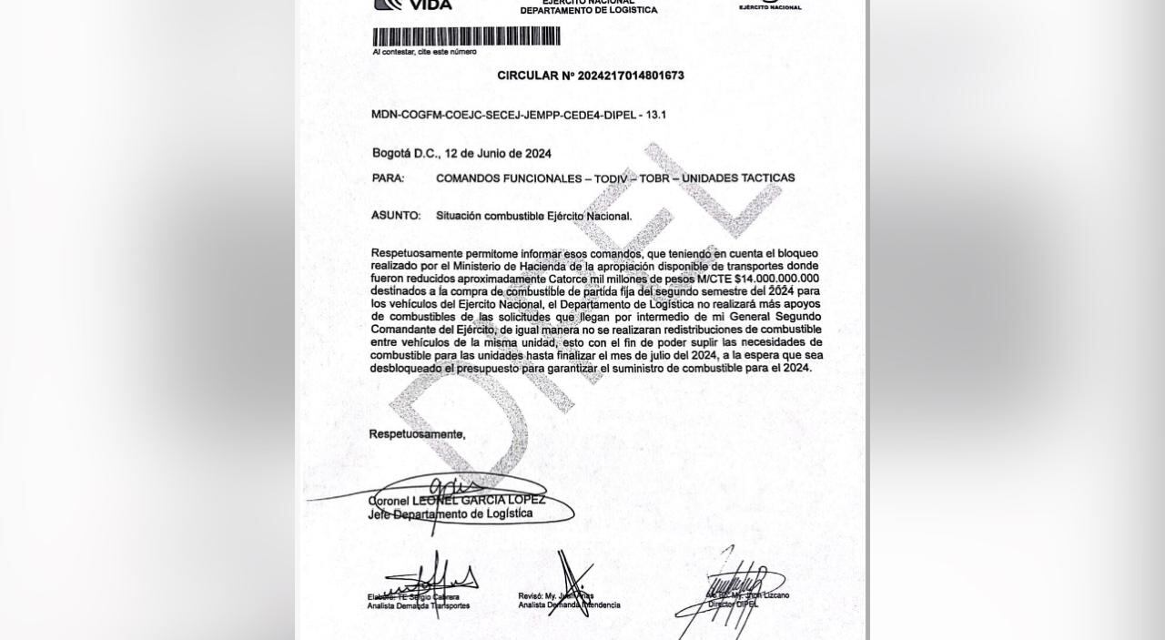 Ejército reportó bloqueo de 14.000 millones de pesos por parte del Ministerio de Hacienda, recursos que iban para combustible.
