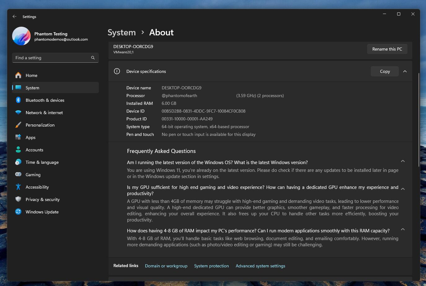 Nueva lista de Preguntas Frecuentes en Configuración > Sistema > Acerca de, oculta en las compilaciones 26120.