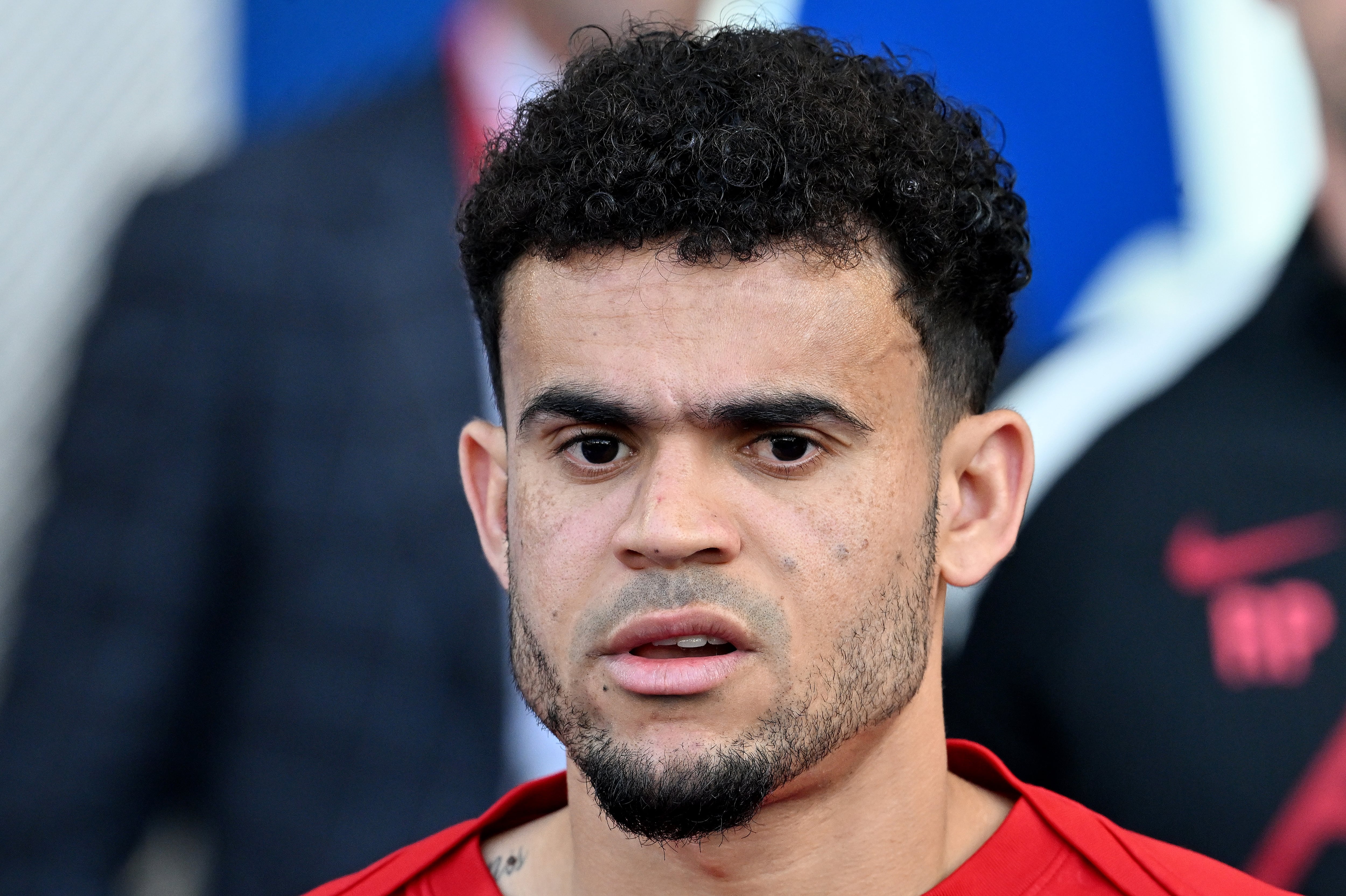 BRIGHTON, ENGLAND - MAY 19: (SUN OUT, SUN ON SUNDAY OUT) Luis Diaz of Liverpool looks on during the warm up prior to the Premier League match between Brighton & Hove Albion FC and Liverpool FC at Amex Stadium on May 19, 2025 in Brighton, England. (Photo by Liverpool FC/Liverpool FC via Getty Images)