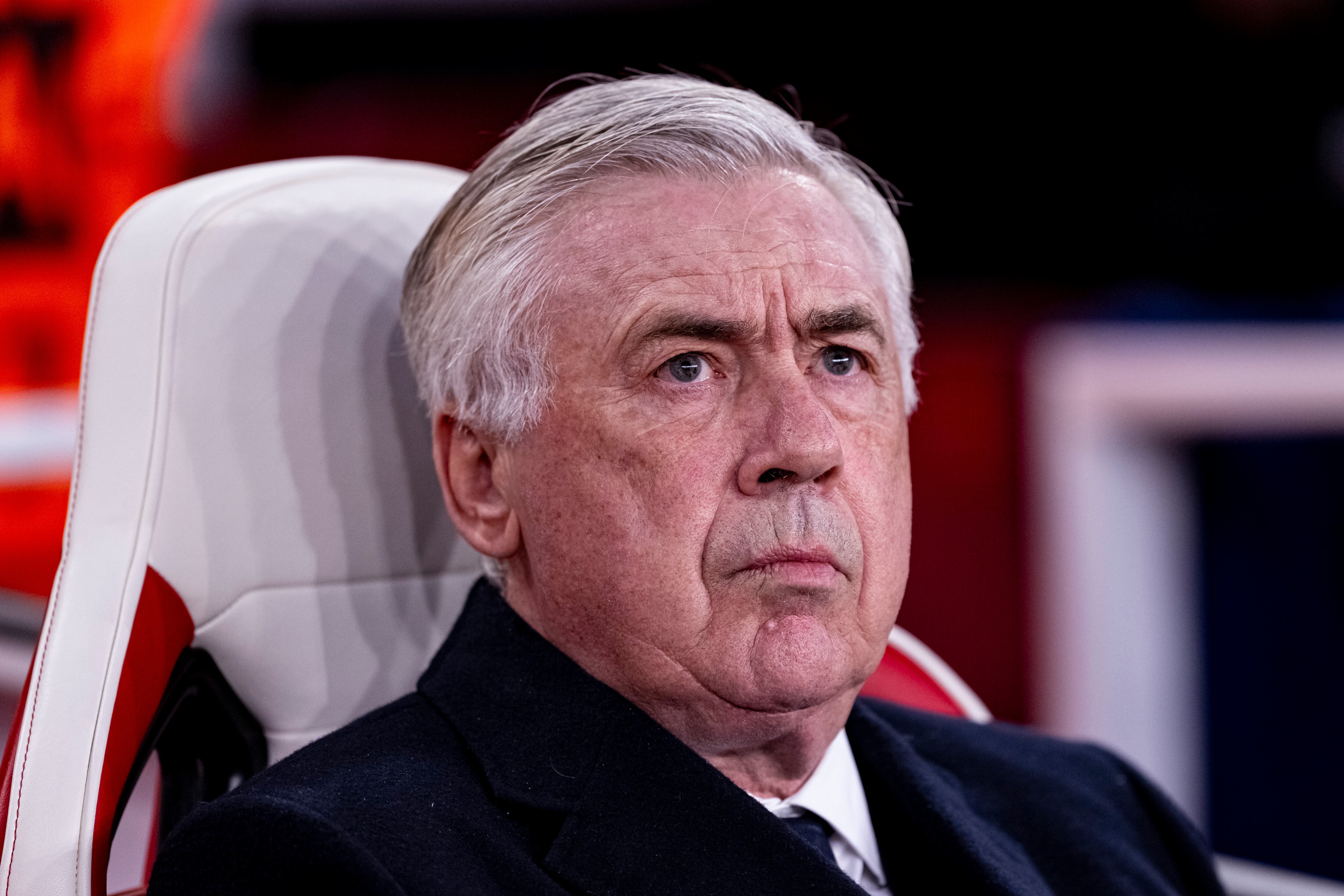 LONDON, ENGLAND - APRIL 8: Head Coach Carlo Ancelotti of Real Madrid looks on during the UEFA Champions League 2024/25 Quarter Final First Leg match between Arsenal FC and Real Madrid C.F. at Emirates Stadium on April 8, 2025 in London, England. (Photo by Richard Callis/Sports Press Photo/Getty Images)