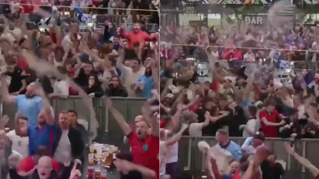 Hinchas de Inglaterra celebrando el gol de su selección en el Mundial.