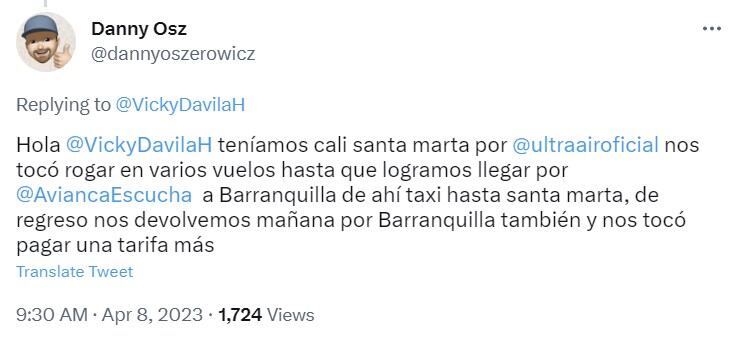 El usuario Danny Osz expresó por vía Twitter las afectaciones que ha tenido en esta Semana Santa por culpa de Ultra Air.