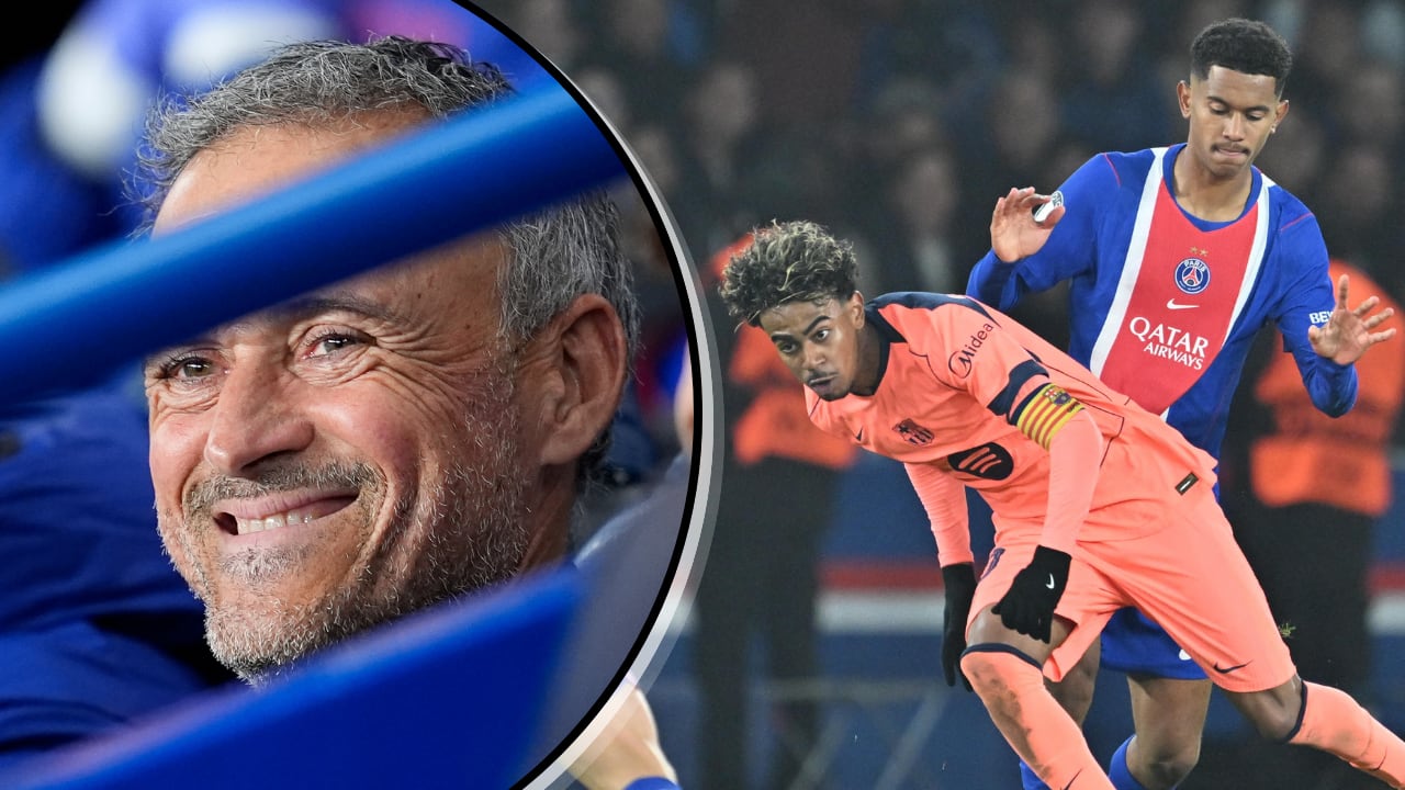 Luis Enrique (izq.) celebra la victoria de PSG sobre Barcelona (der).