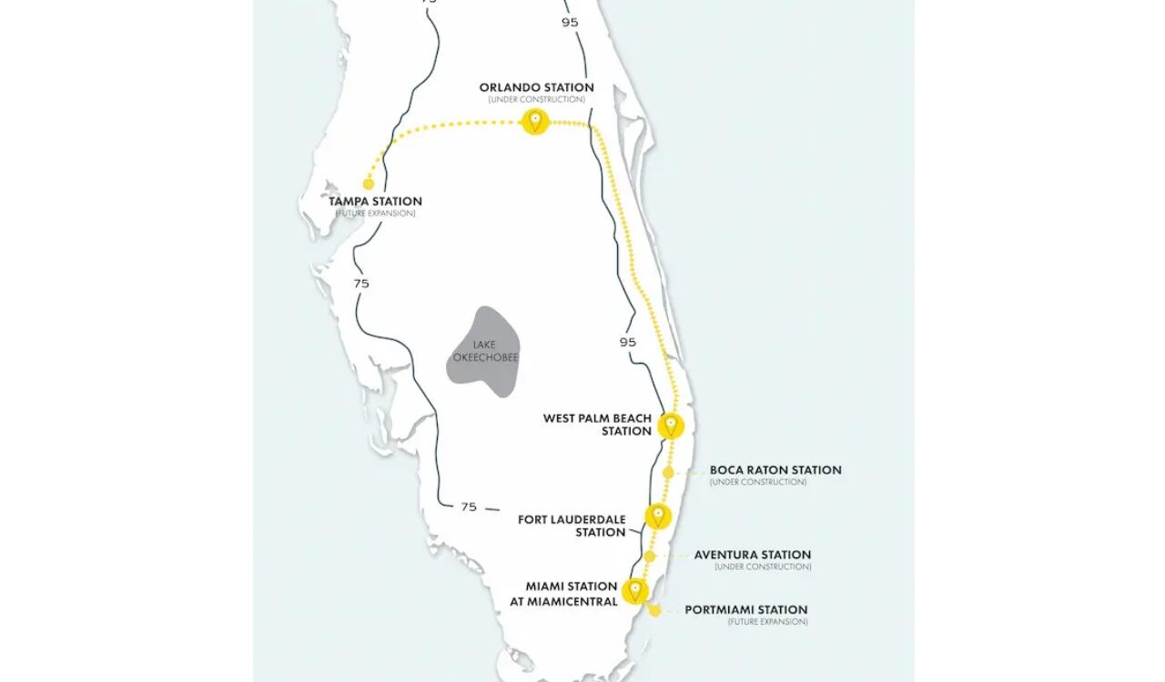 Este es el recorrido completo que tendría el tren de Brightline