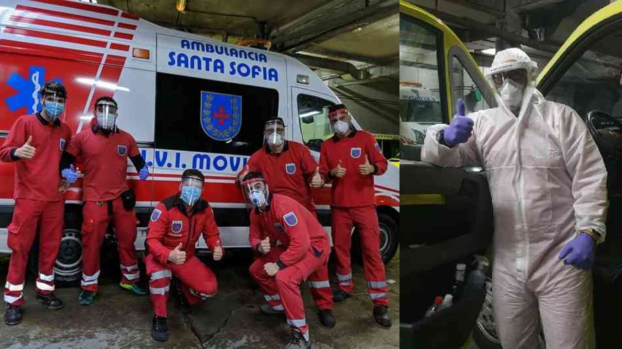 Daniel Tobón (en la foto de grupo el segundo de derecha a izquierda) trabaja actualmente en una ambulancia con un equipo que debe trasladar, en razón a las circunstancias, principalmente, pacientes afectados por coronavirus.