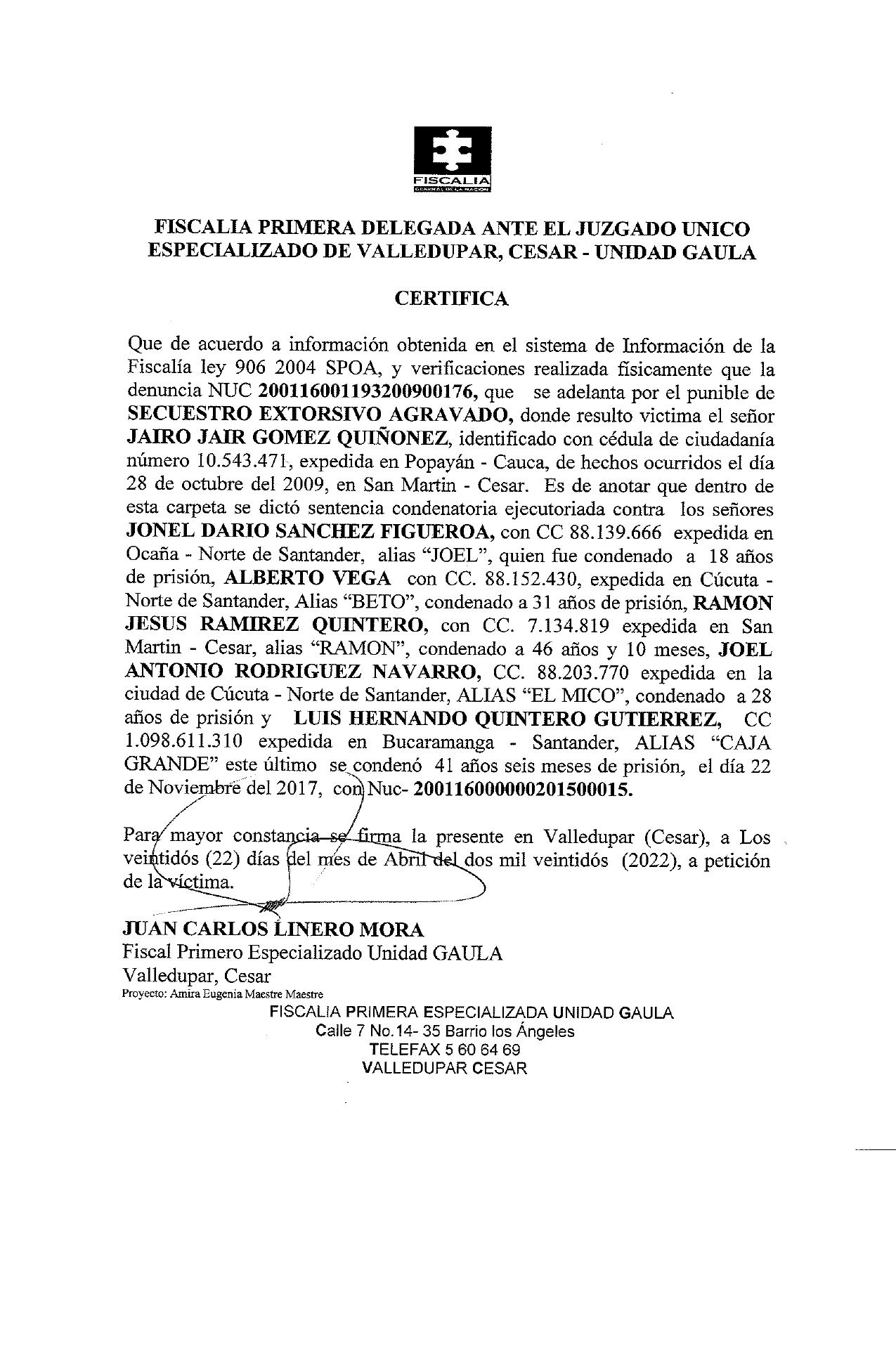 Boleta de captura y judicialización de los presuntos testaferros de alias Caja Grande
