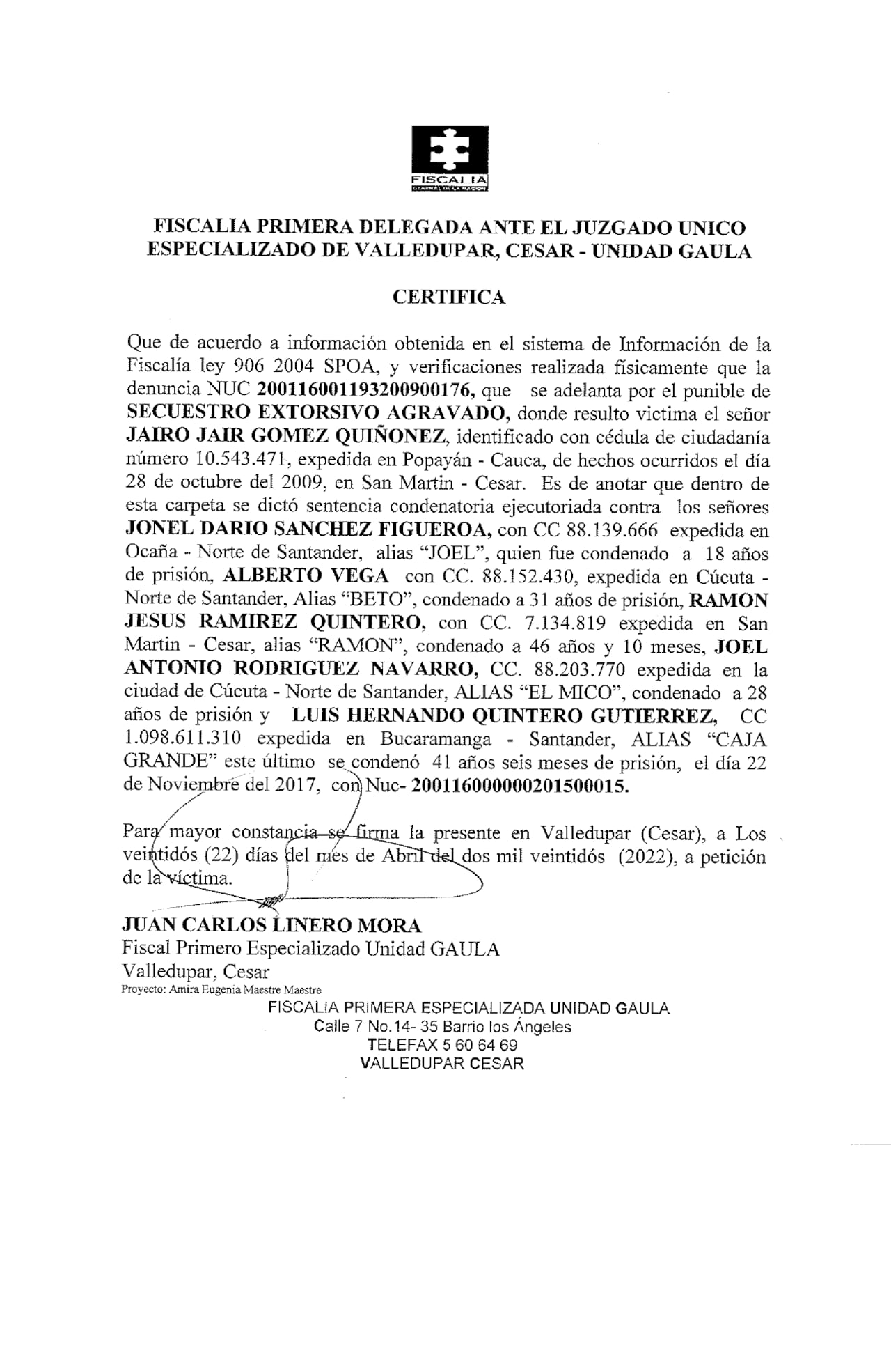 Boleta de captura y judicialización de los presuntos testaferros de alias Caja Grande