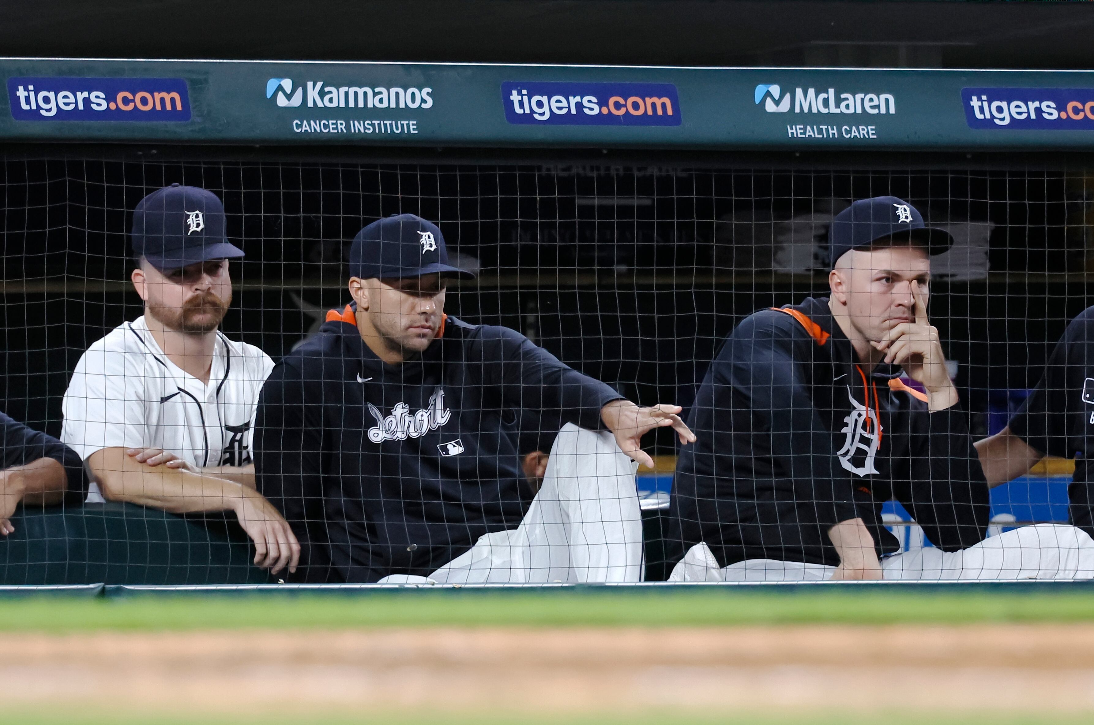 DETROIT, MI - SEPTEMBER 2: (L-R) Jake Rogers #34, pitcher Jack Flaherty #9 and pitcher Tarik Skubal #29 of the Detroit Tigers watch their 12-5 loss to the New York Mets during the ninth inning at Comerica Park on September 2, 2025 in Detroit, Michigan. (Photo by Duane Burleson/Getty Images)