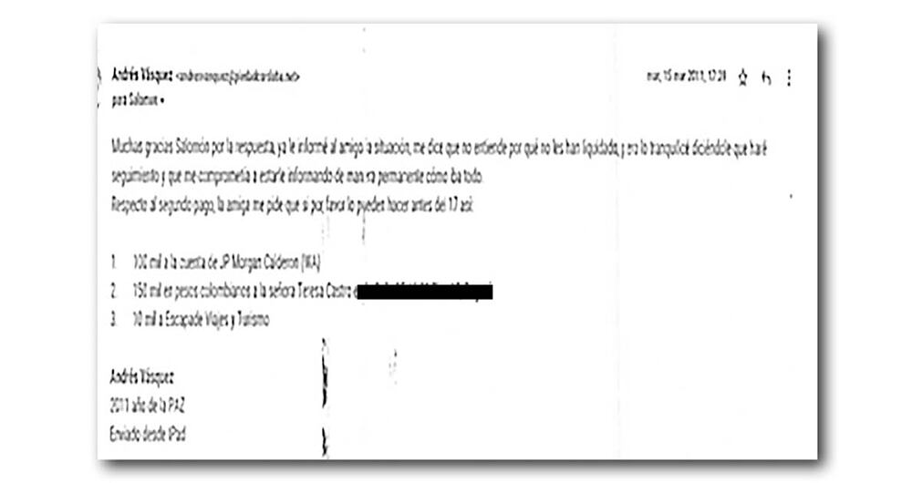     Este correo es una de las pruebas que presentó Andrés Vásquez. En él le explica al empresario Salomón la forma en la que debe entregar 260.000 dólares.