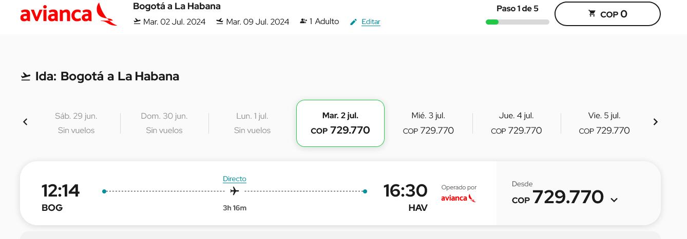 Así está el precio de un tiquete a La Habana (Cuba) desde el 2 de julio de 2024, saliendo de Bogotá, y regresando ocho días después: