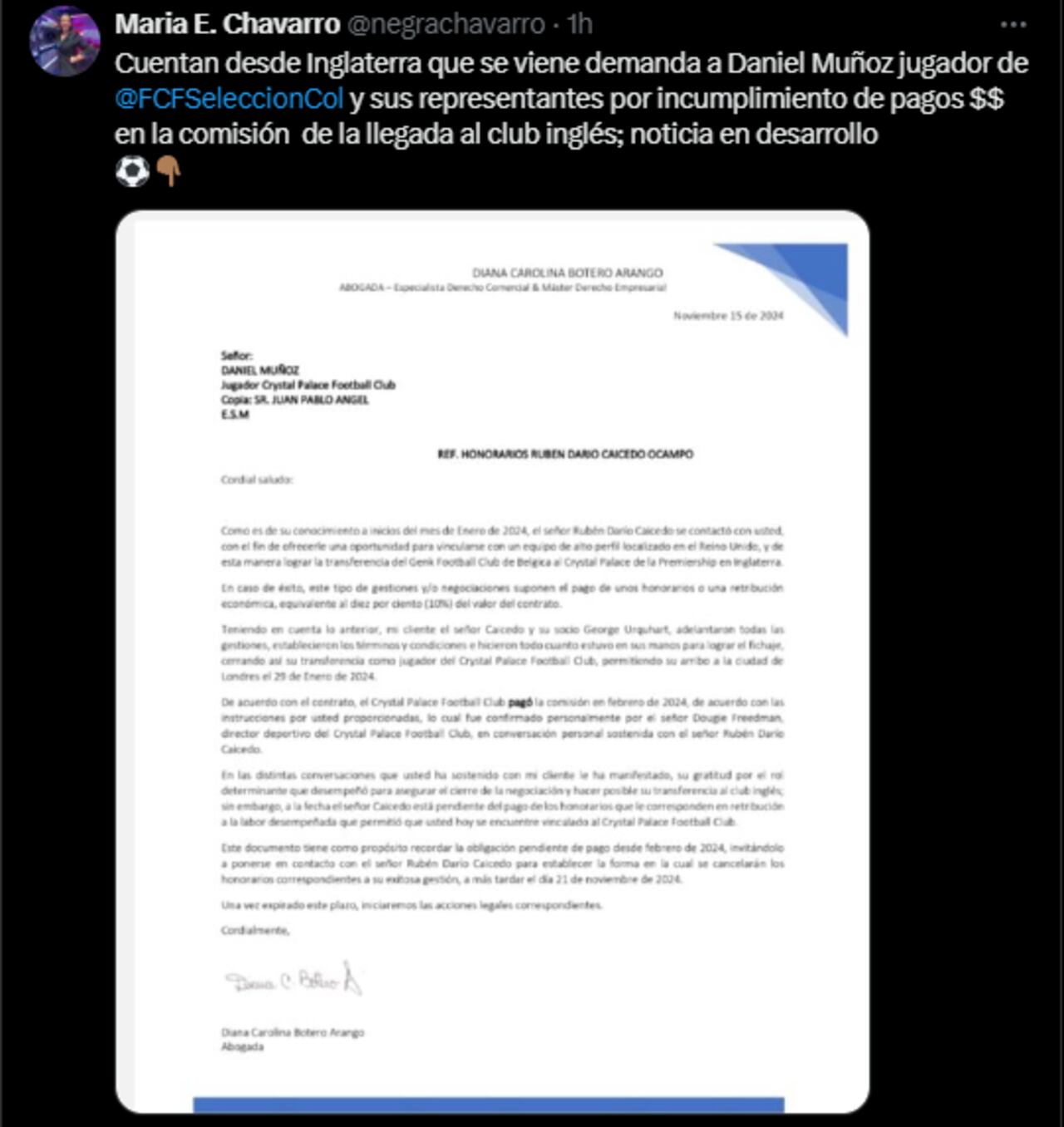 Aviso de demanda a Daniel Muñoz tras su paso a Crystal Palace