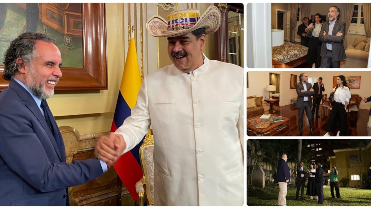 Al lado izquierdo: Armando Benedetti y Nicolás Maduro. Al derecho: el embajador de Colombia recorriendo su sede diplomática en Caracas.