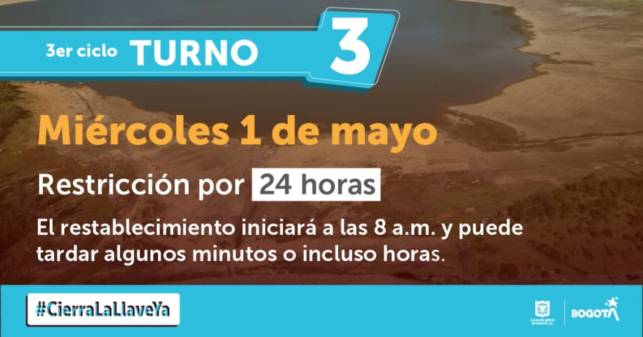 Restricción de agua para este miércoles, primero de mayo, por 24 horas en Bogotá.