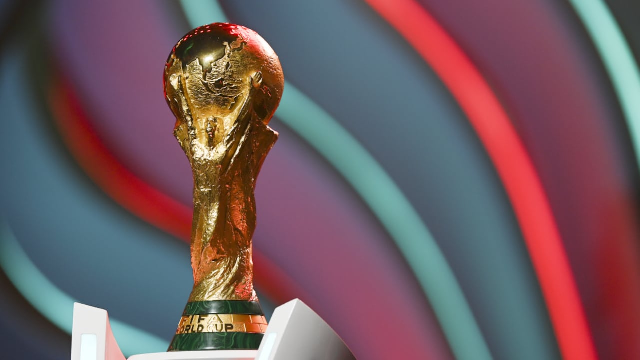 DOHA, QATAR - APRIL 01: The World Cup trophy is seen during rehearsal ahead of the FIFA World Cup Qatar 2022 Final Draw at Doha Exhibition Center on April 01, 2022 in Doha, Qatar. (Photo by Getty Images/Michael Regan - FIFA/FIFA)