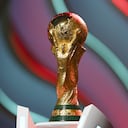 DOHA, QATAR - APRIL 01: The World Cup trophy is seen during rehearsal ahead of the FIFA World Cup Qatar 2022 Final Draw at Doha Exhibition Center on April 01, 2022 in Doha, Qatar. (Photo by Michael Regan - FIFA/FIFA via Getty Images)