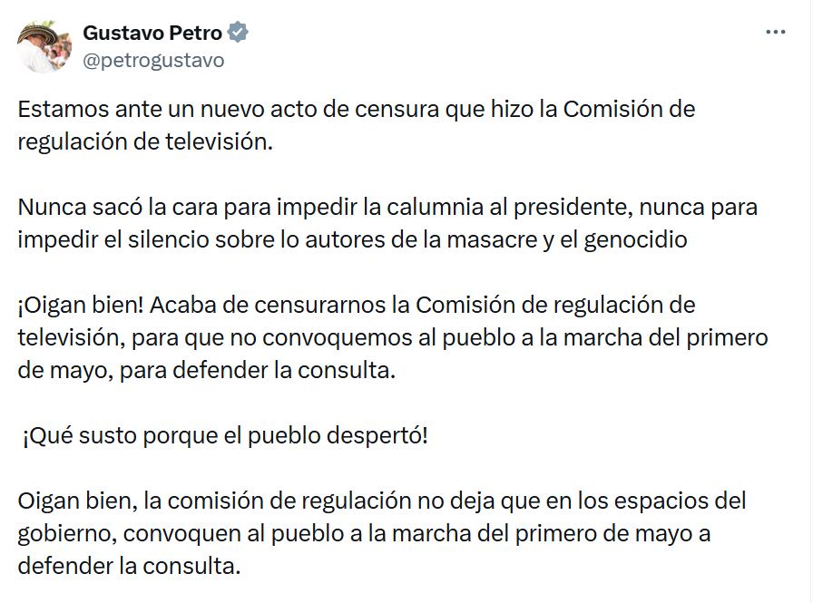 El presidente Gustavo Petro acusó a la Comisión de Regulación de Comunicaciones de censurar al Gobierno.