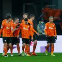 KHARKOV, UKRAINE - DECEMBER 07: (BILD OUT) Fernando of FC Shakhtar Donetsk celebrates after scoring his team's first goal with teammates during the UEFA Champions League group D match between Shakhtar Donetsk and FC Sheriff at Metalist Stadium on December 7, 2021 in Kharkov, Ukraine. (Photo by Stanislav Vedmid/DeFodi Images via Getty Images)