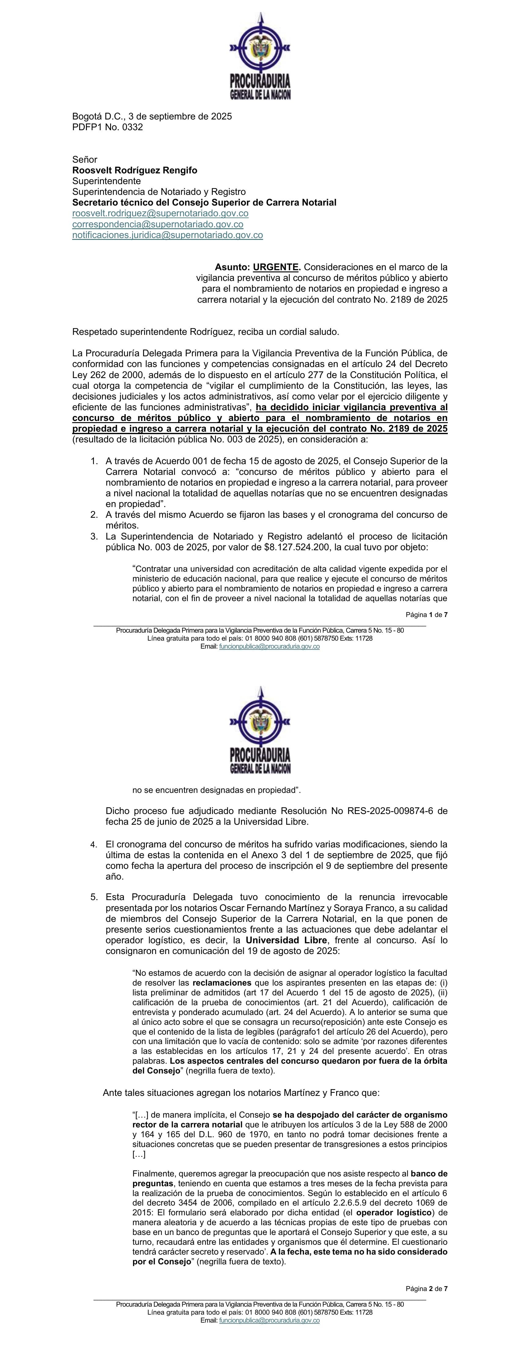 La carta de la Procuraduría sobre las presuntas irregularidades en el concurso de notarios