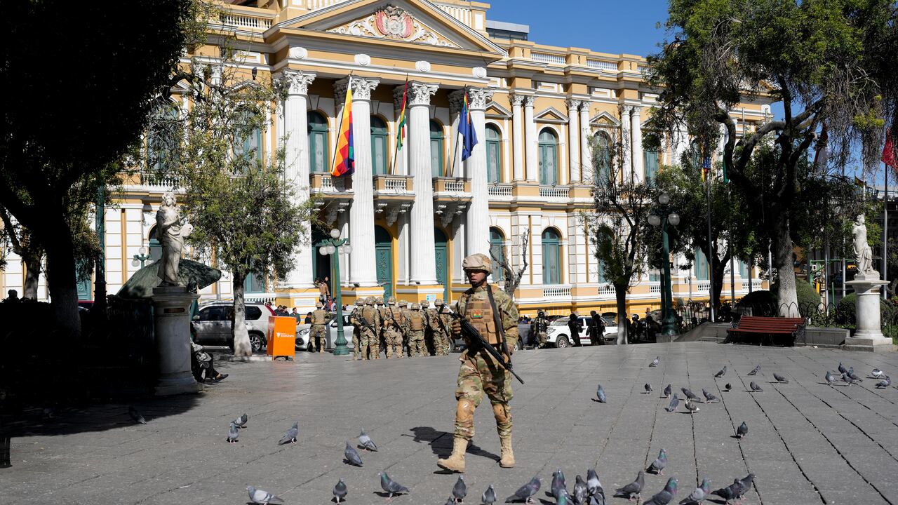 Soldiers gather outside the Legislative Assembly in Plaza Murillo in La Paz, Bolivia, Wednesday, June 26, 2024. (AP Photo/Juan Karita)
