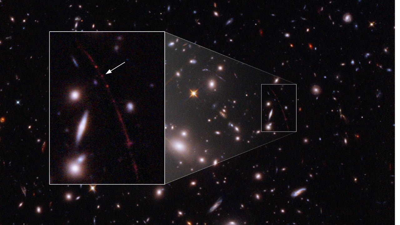 Esta imagen obtenida de la Agencia Espacial Europea el 30 de marzo de 2022 muestra la estrella apodada Earendel (flecha) capturada por el Telescopio Espacial Hubble de la NASA/ESA, estableciendo un nuevo récord al detectar la luz de una estrella que existió en los primeros mil millones de años. después del Big Bang del Universo, la estrella individual más distante jamás vista.