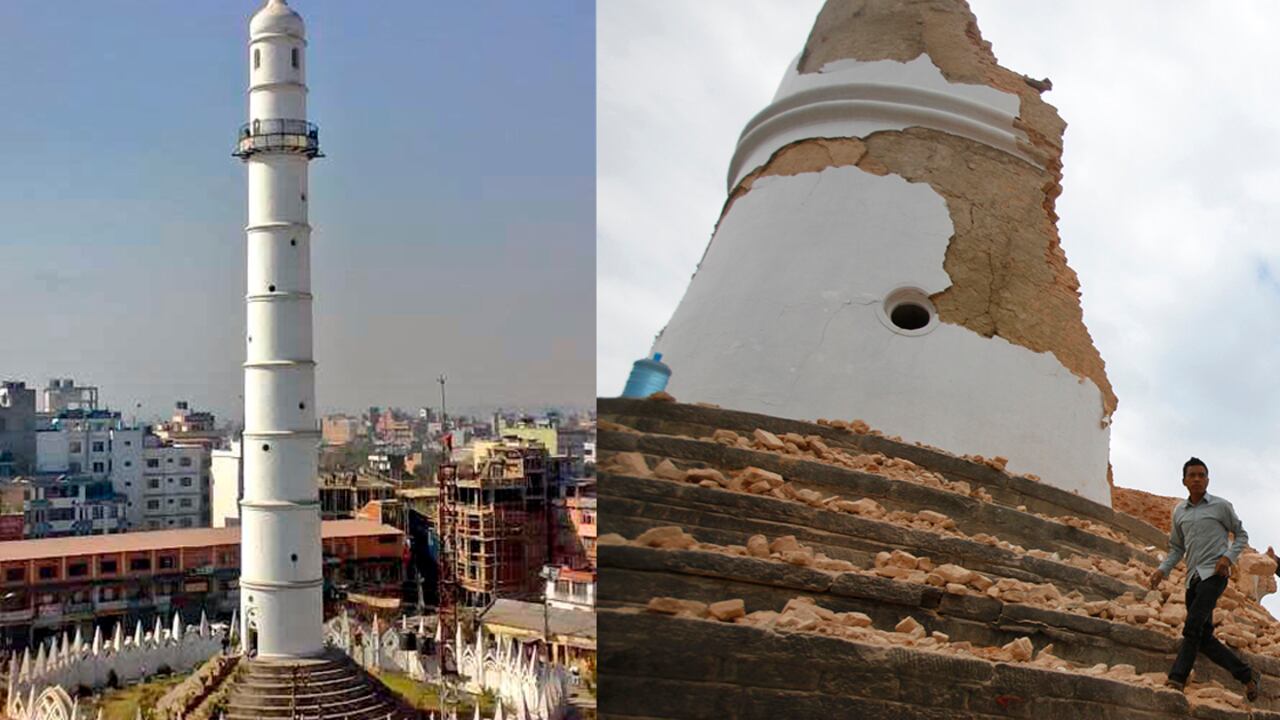En la parte izquierda aparece la torre Dharahara antes del terremoto. Este monumento había sido declarado patrimonio por el Fondo de Naciones Unidas para la Educación, la Ciencia y la Cultura (Unesco).