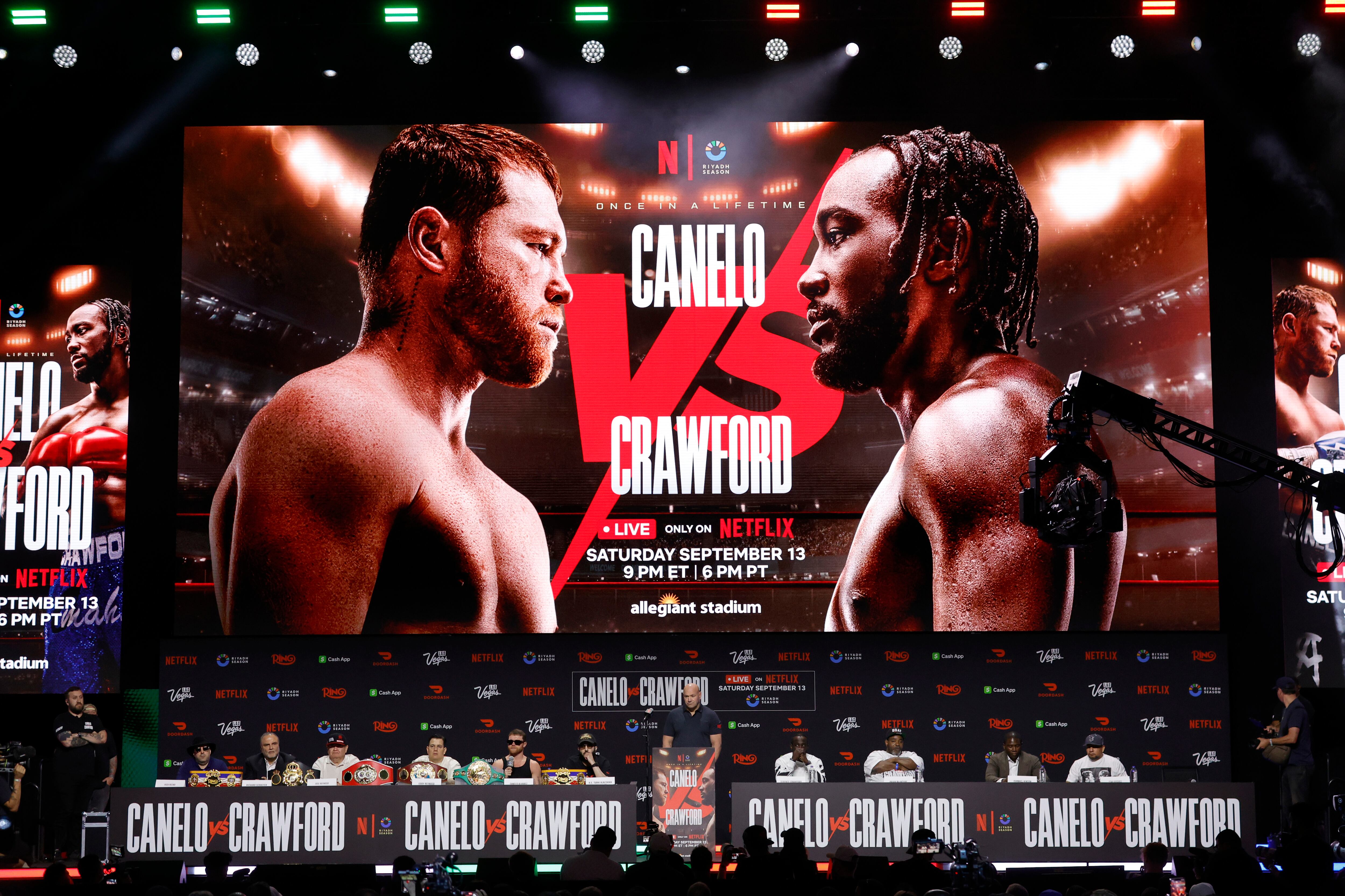 LAS VEGAS, NEVADA - SEPTEMBER 11: A general view of the stage during a news conference with undisputed super middleweight champion Canelo Alvarez and Terence Crawford at T-Mobile Arena on September 11, 2025 in Las Vegas, Nevada. Alvarez and Crawford are scheduled to fight on September 13, 2025, at Allegiant Stadium in Las Vegas. (Photo by Steve Marcus/Getty Images)