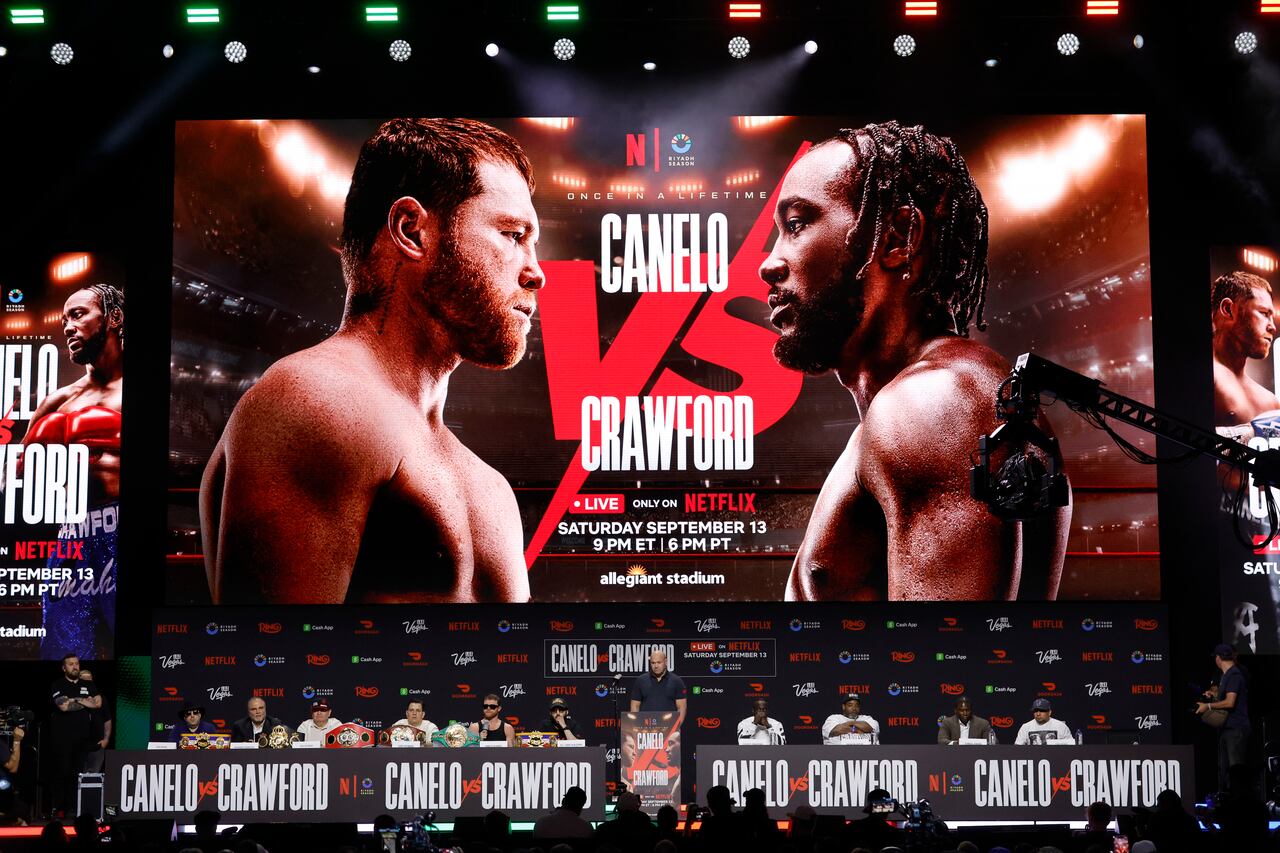 LAS VEGAS, NEVADA - SEPTEMBER 11: A general view of the stage during a news conference with undisputed super middleweight champion Canelo Alvarez and Terence Crawford at T-Mobile Arena on September 11, 2025 in Las Vegas, Nevada. Alvarez and Crawford are scheduled to fight on September 13, 2025, at Allegiant Stadium in Las Vegas. (Photo by Steve Marcus/Getty Images)