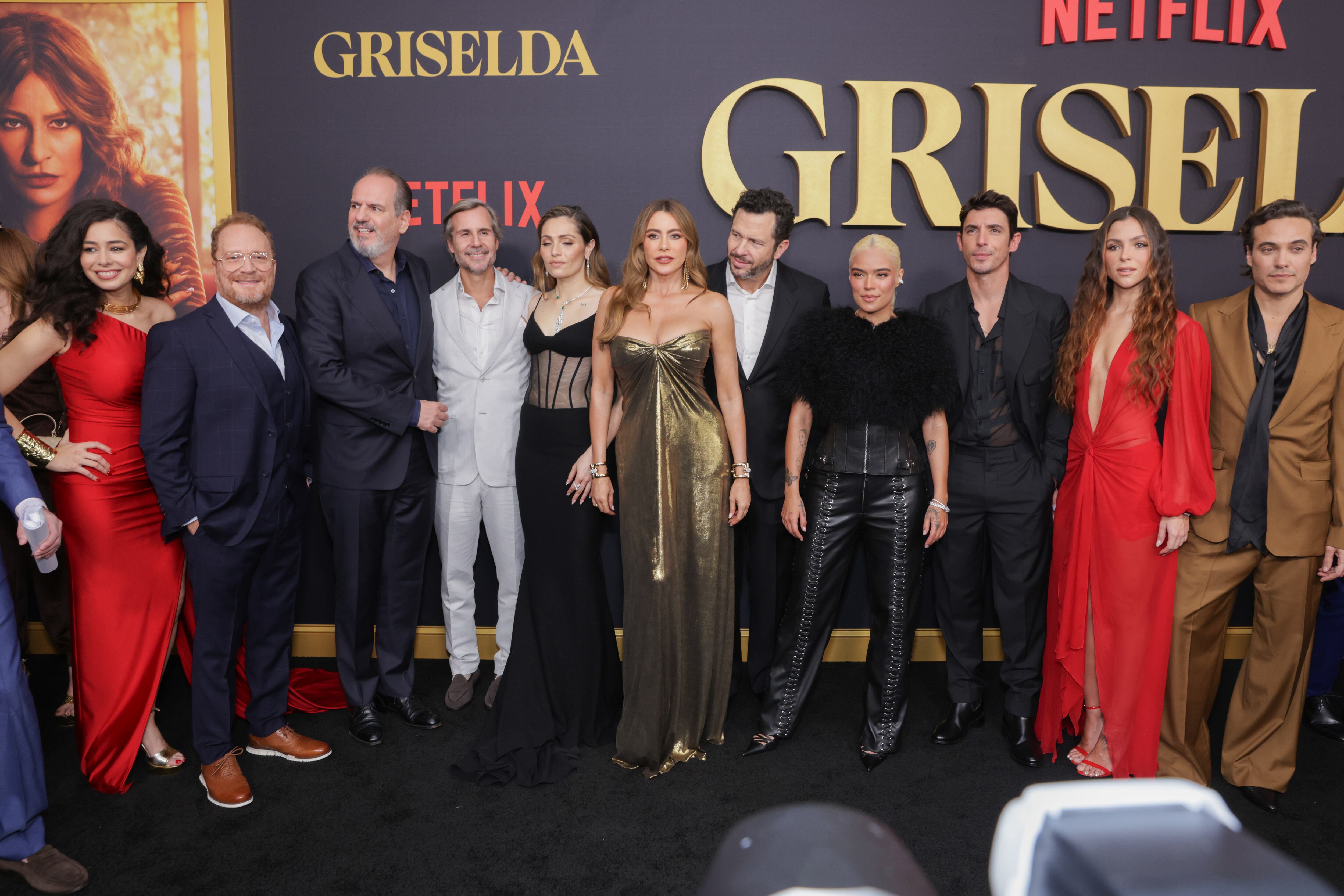 MIAMI BEACH, FLORIDA - JANUARY 23: Aurora Cossio, Juliana Martinez, Sofia Vergara, Eric Newman, Karol G, Paulina Davila and the cast of "Griselda" attend the Miami premiere of "Griselda"