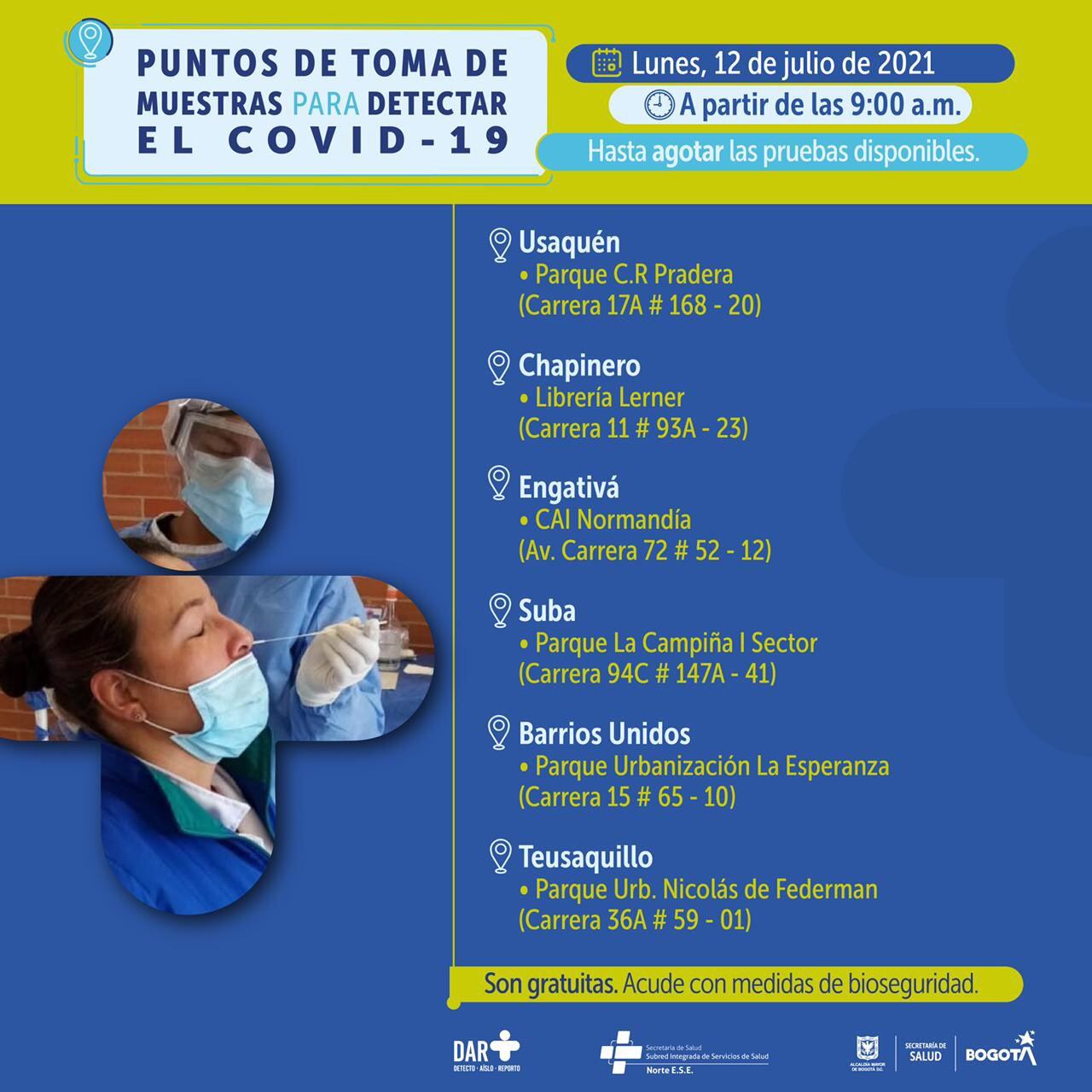 Dónde hay pruebas gratis de COVID en Bogotá hoy 12 de julio:horario y puntos