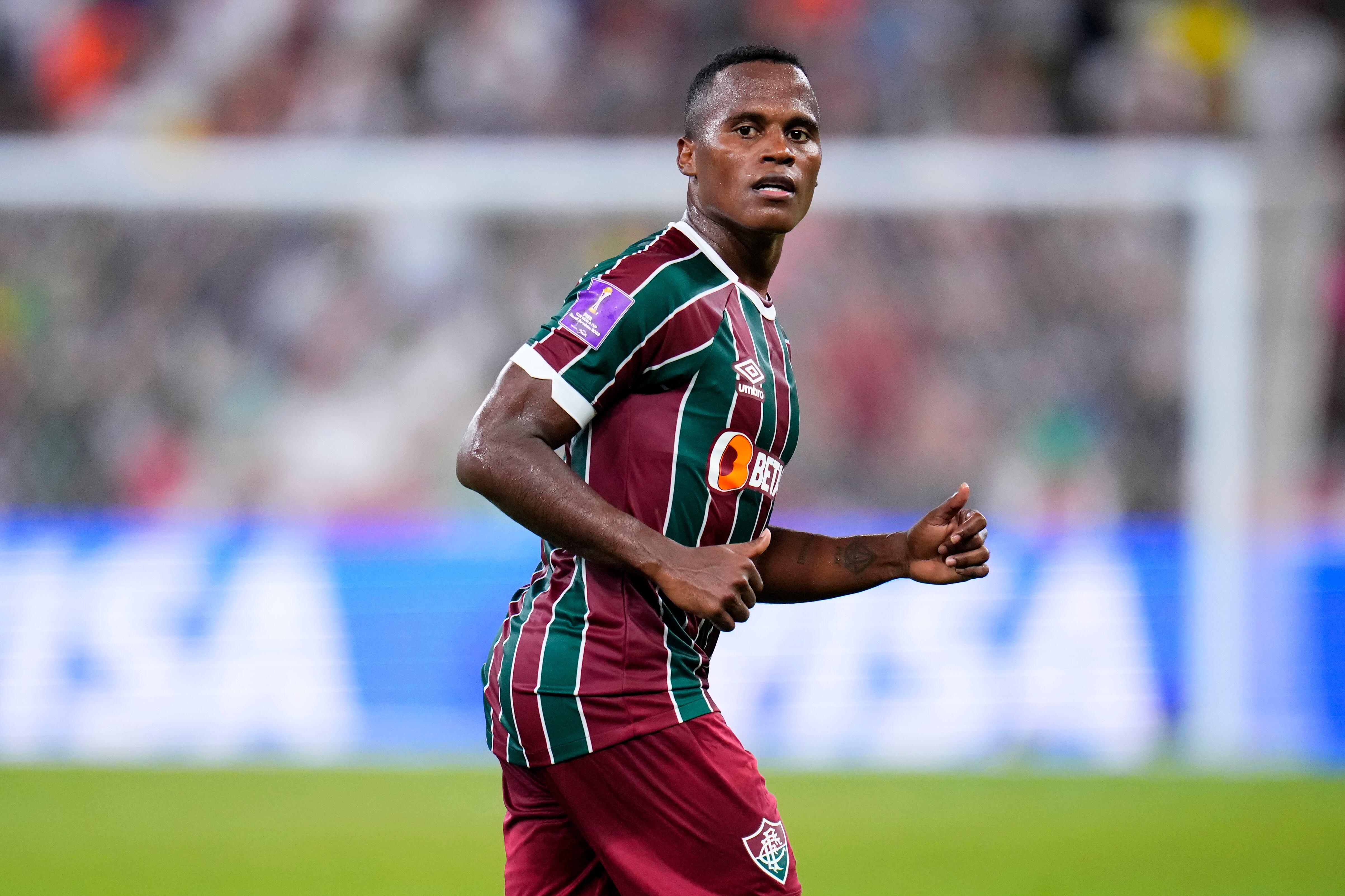 Fluminense's Jhon Arias runs during the Soccer Club World Cup final match between Manchester City FC and Fluminense FC at King Abdullah Sports City Stadium in Jeddah, Saudi Arabia, Friday, Dec. 22, 2023. (AP Photo/Manu Fernandez)