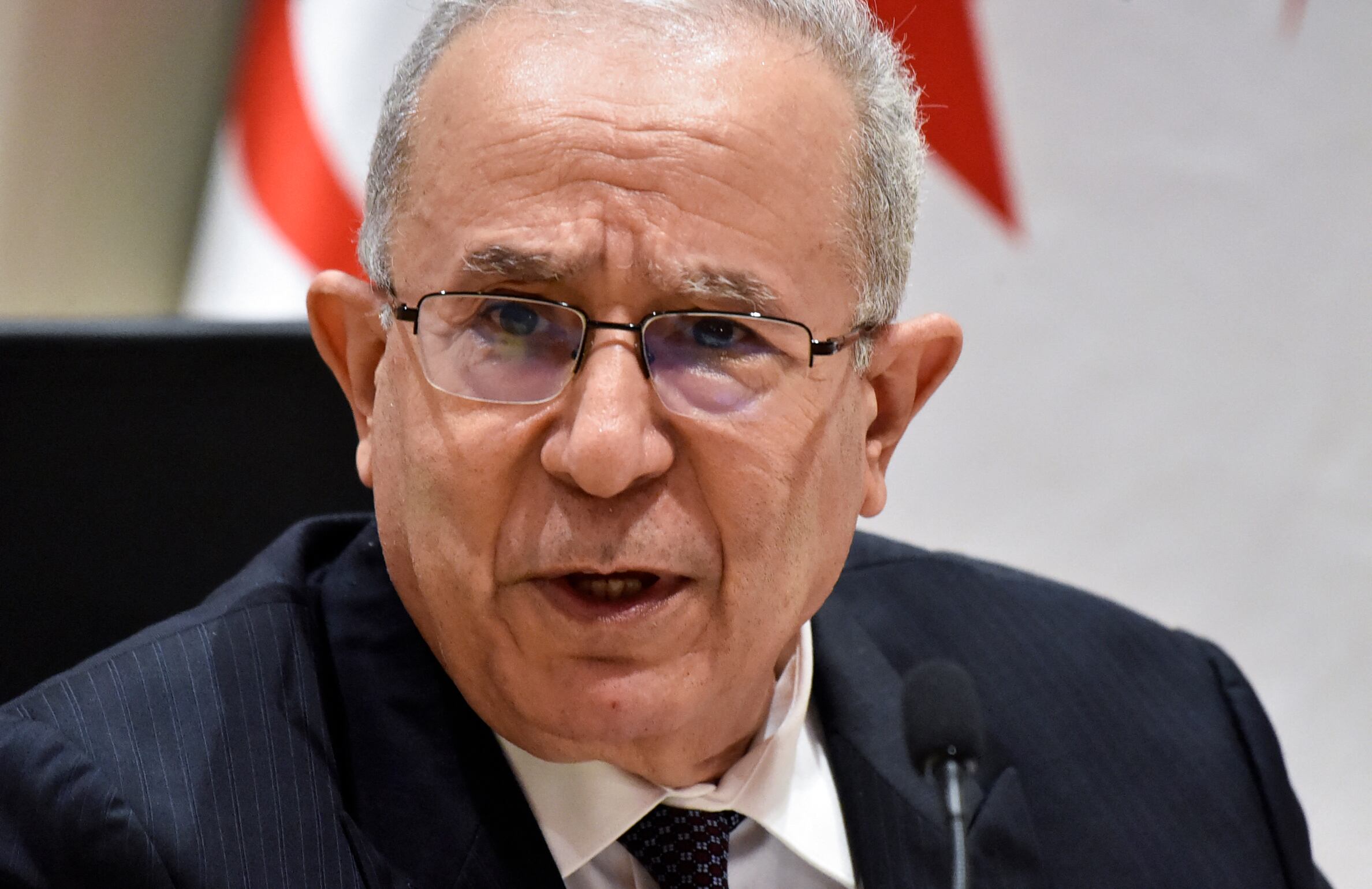 Algeria's Foreign Minister Ramtane Lamamra holds a press conference in the capital Algiers, on August 24, 2021. - Lamamra said that his country has severed diplomatic relations with Morocco due to its "hostile actions", a week after Algeria said it would review its relations with the neighbouring kingdom, accusing it of complicity in deadly forest fires that ravaged the country's north. (Photo by RYAD KRAMDI / AFP)