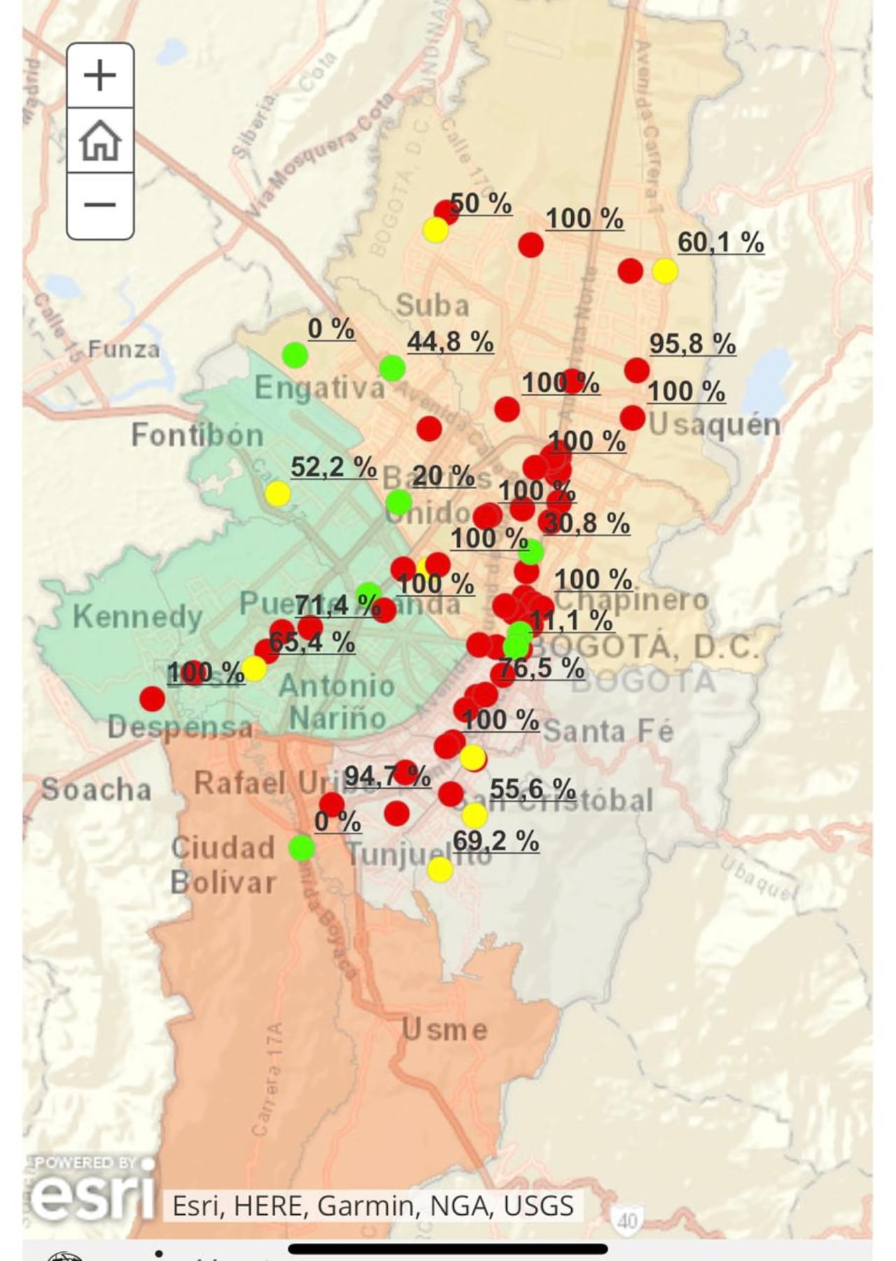 Mapa de la ocupación de UCI covid-19 en Bogotá