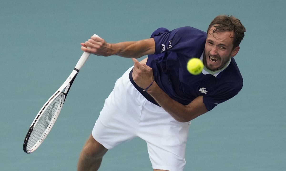 Daniil Medvedev of Russia serves in his men's quarterfinal match against Hubert Hurkacz of Poland, at the Miami Open tennis tournament, Thursday, March 31, 2022, in Miami Gardens, Fla. (AP/Rebecca Blackwell)