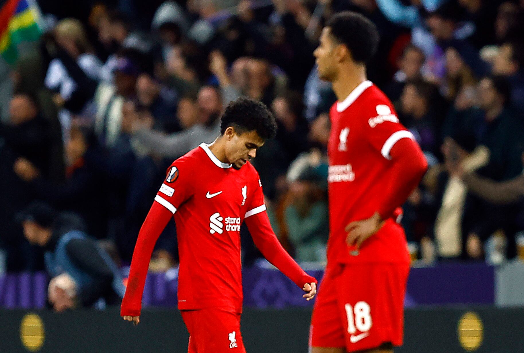 Soccer Football - Europa League - Group E - Toulouse v Liverpool - Stadium Municipal de Toulouse, Toulouse, France - November 9, 2023 Liverpool's Luis Diaz looks dejected after conceding their second goal, scored by Toulouse's Thijs Dallinga REUTERS/Stephane Mahe